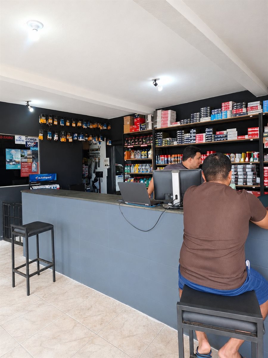 Atendente da ALLCAR consultando o sistema no computador enquanto atende um cliente no balcão