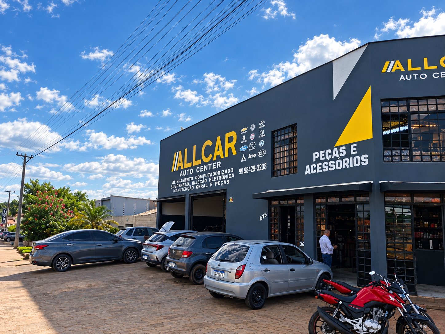 Fachada azul da ALLCAR Auto Center com veículos estacionados na entrada da loja